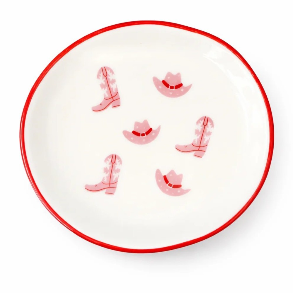Pink Cowgirl Boot Western Hat Ceramic Trinket Dish Jewelry Tray Red Rim Round